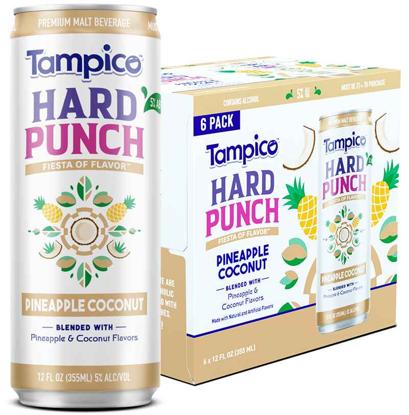 Tampico Hard Punch Pinapple Coconut single can and six pack.
